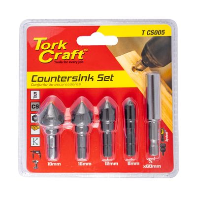 Countersink Set 5pce Set Carbon (8,12,16,19mm C/w Hex Shank Adaptor)